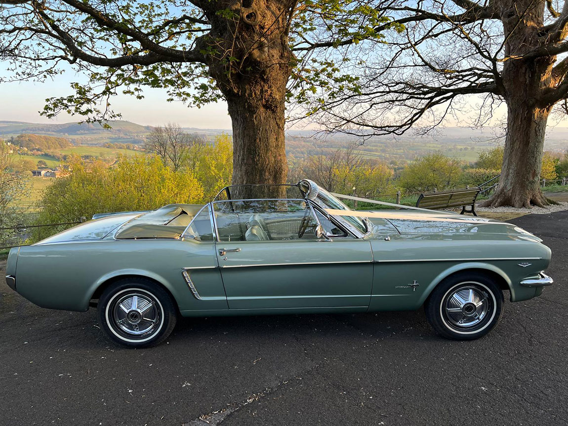 wedding car hire dorset, 1965 Mustang wedding car, classic Mustang wedding car, American muscle wedding car, vintage Mustang Dorset, Wedding Cars Dorset, wedding car Dorset, wedding car Somerset, wedding car Hampshire, wedding car Wiltshire, Mustang bridal car, unique wedding car hire, alternative wedding car UK, classic car wedding Dorset, Mustang wedding vehicle hire