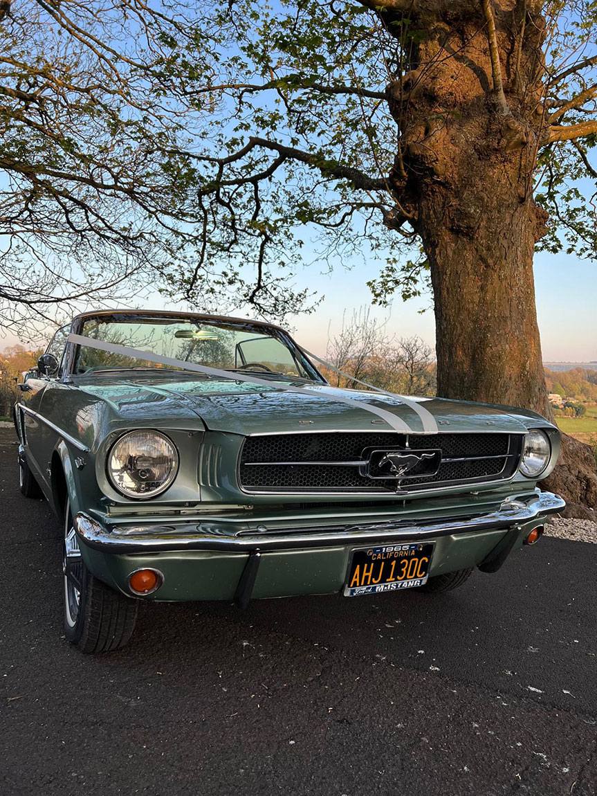 wedding car hire dorset, 1965 Mustang wedding car, classic Mustang wedding car, American muscle wedding car, vintage Mustang Dorset, Wedding Cars Dorset, wedding car Dorset, wedding car Somerset, wedding car Hampshire, wedding car Wiltshire, Mustang bridal car, unique wedding car hire, alternative wedding car UK, classic car wedding Dorset, Mustang wedding vehicle hire